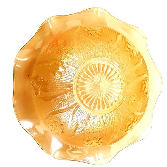 Jeanette Glass Iris & Herringbone Ruffled Edge Iridescent Depression Glass Bowl. - Picture 1 of 7